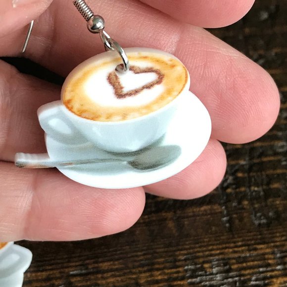 Dangle Heart Latte Cappuccino Coffee Cup Saucer Earrings NEW! 765 - Picture 3 of 7